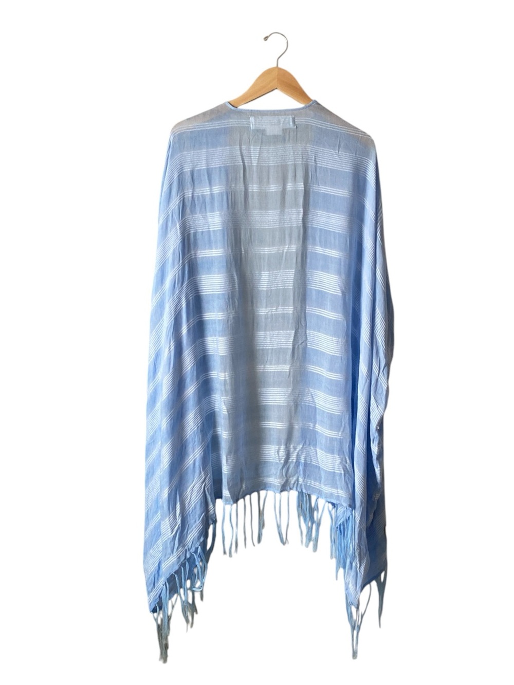Treasure &Bond Light Blue Striped Fringe Open Arm Hole Flowy Cape Wrap Ruana OS - Picture 7 of 9